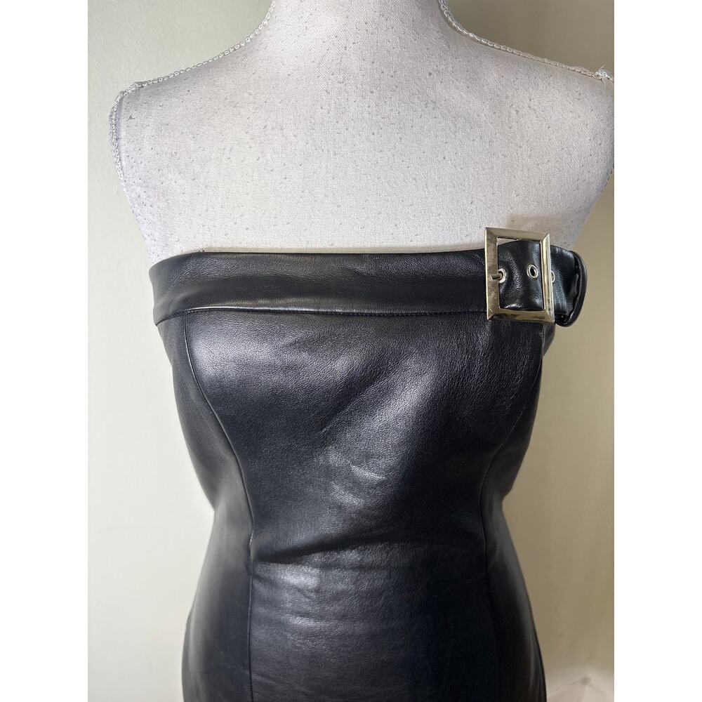 Amanda Uprichard Black Faux Leather Buckle Mini Dress Sz S - Picture 2 of 5